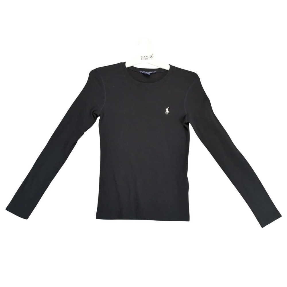 Vtg Ralph Lauren Sport Black Knit Crewneck Shirt Women's M White Pony, Long Slv